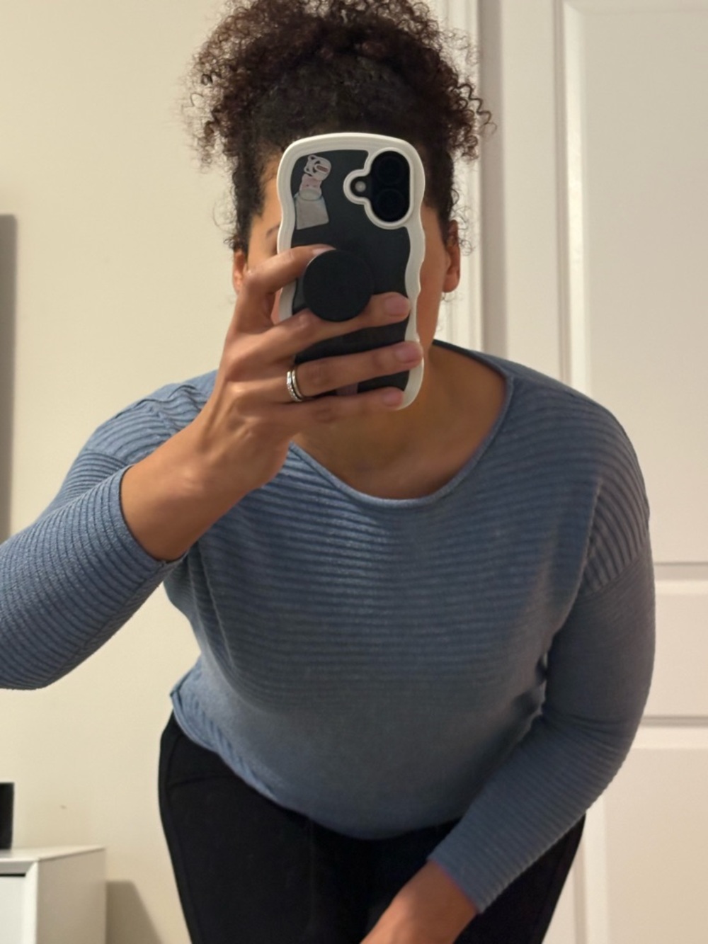 Ribbed Scoop-Neck Knit Top in Dusty Blue